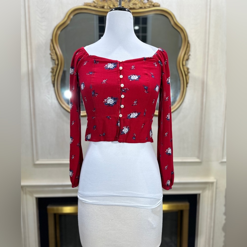 Hollister Top XS Red Floral Smocked Off Shoulder Cottagecore‎ Coquette